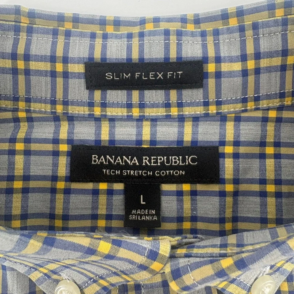 Banana Republic Mens Slim Flex Fit Tech Stretch Plaid Shirt Grey Blue Yellow L